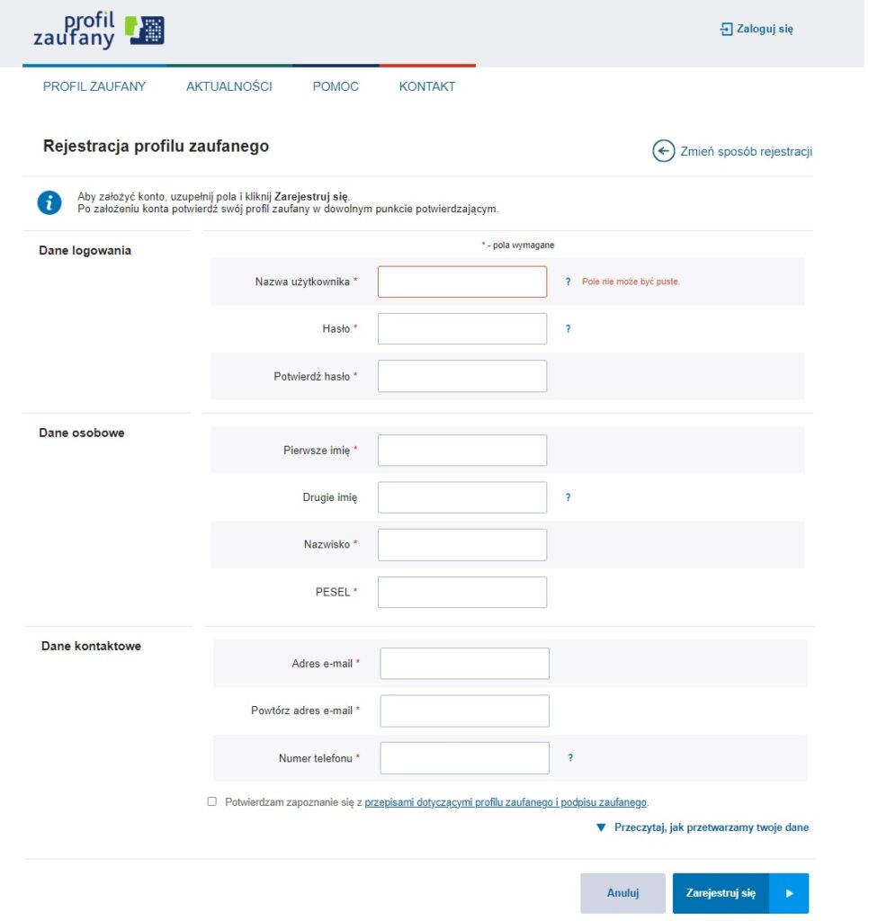 formularz, jaki należy wypełnić podczas rejestracji profilu zaufanego